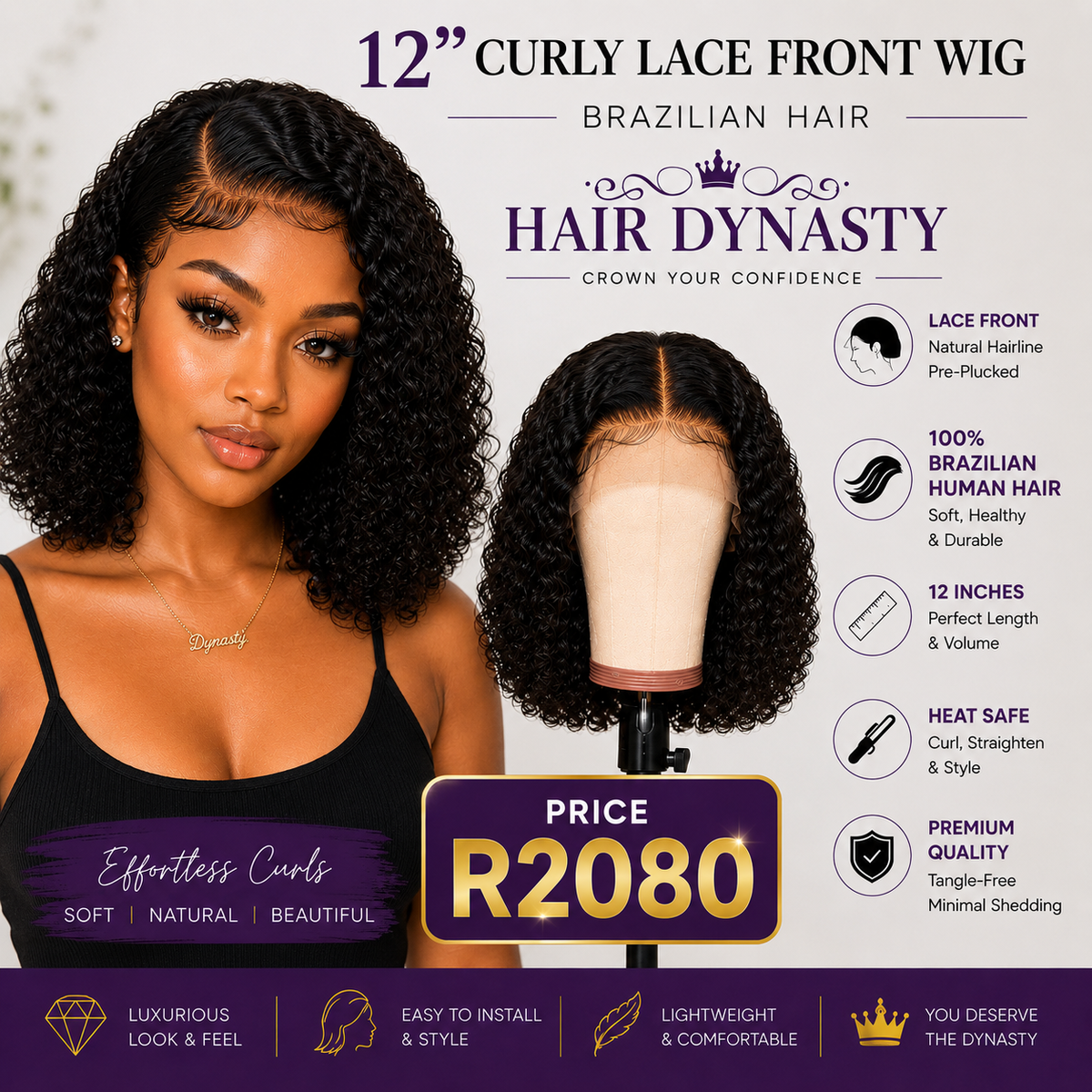 12" Curly Lace Front Wig | Brazilian Hair